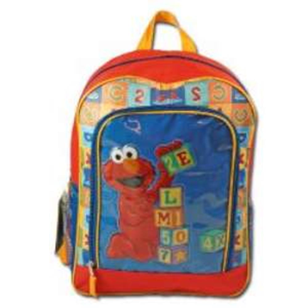 Red and blue 16-inch backpack with Elmo graphic and colorful number blocks on a patterned background.