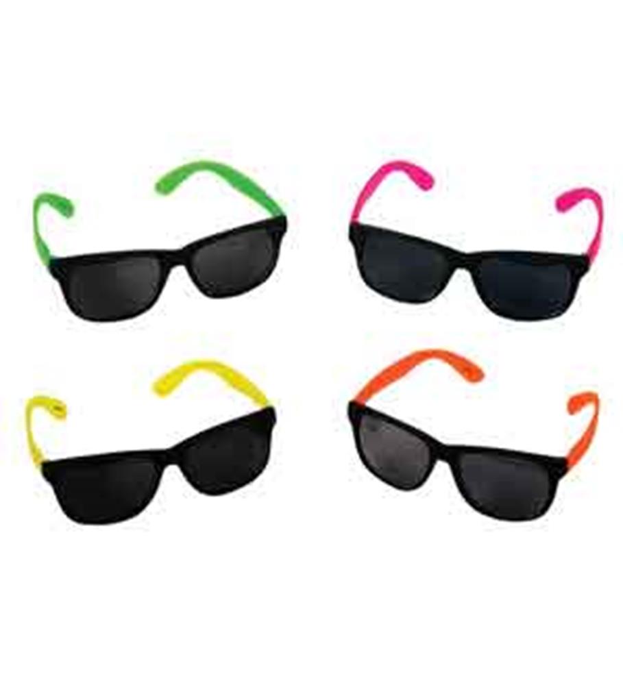 Black lens sunglasses with neon green, pink, yellow, and orange plastic arms, classic wayfarer style.