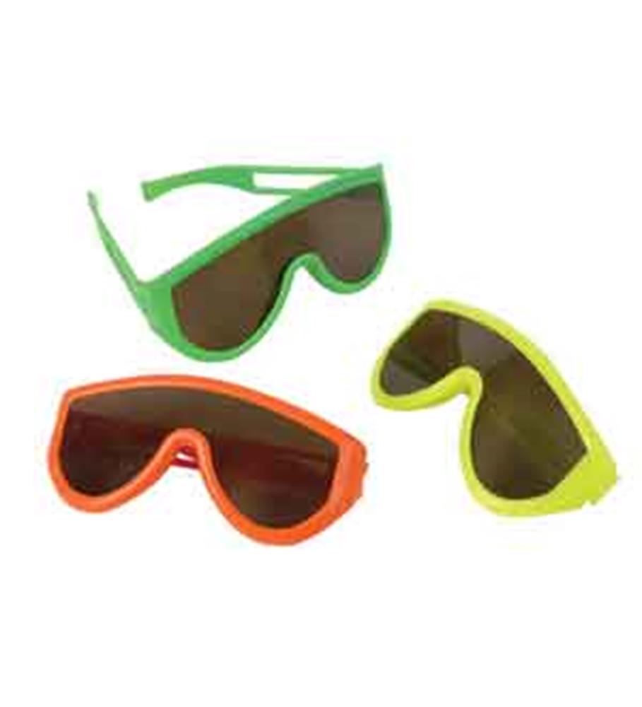 Set of three neon sunglasses in green, orange, and yellow with dark tinted lenses and plastic frames.