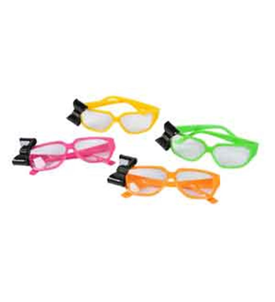 Four neon-colored plastic nerd-style glasses in yellow, pink, green, and orange, each with a small black bow on the top.