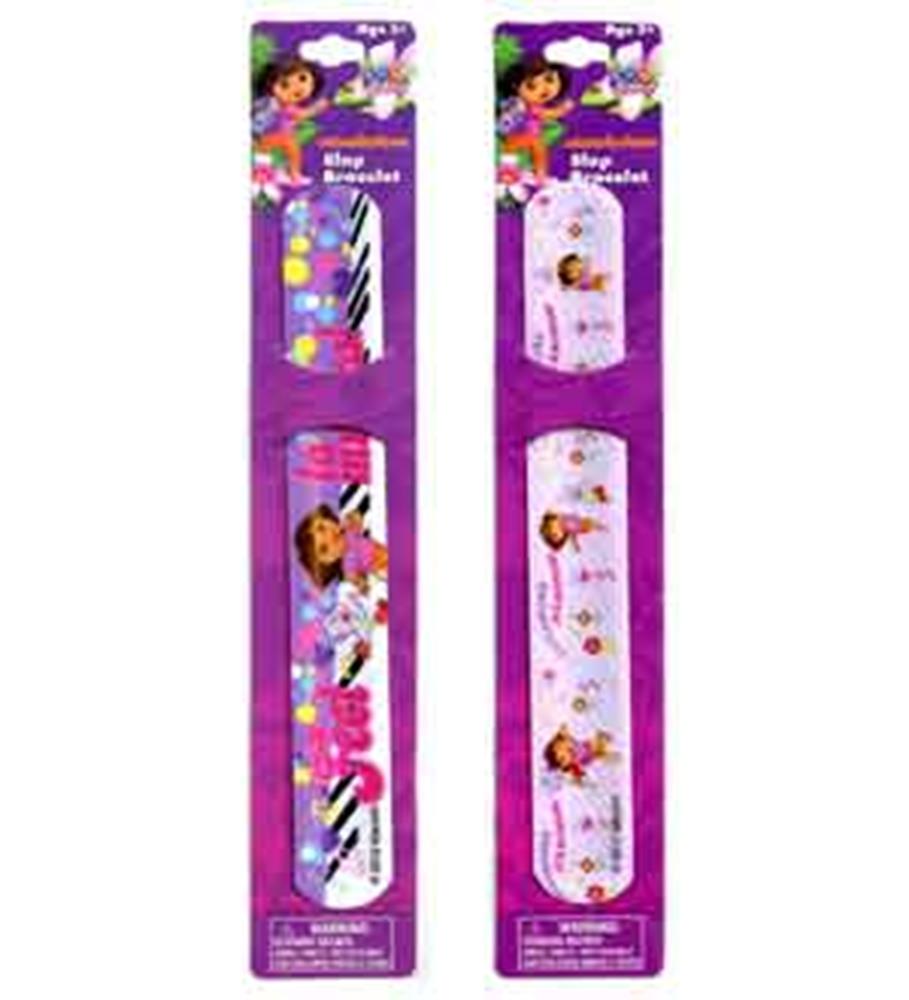 Two Dora-themed slap bracelets, one with a purple background and colorful shapes, the other with a light pink background.
