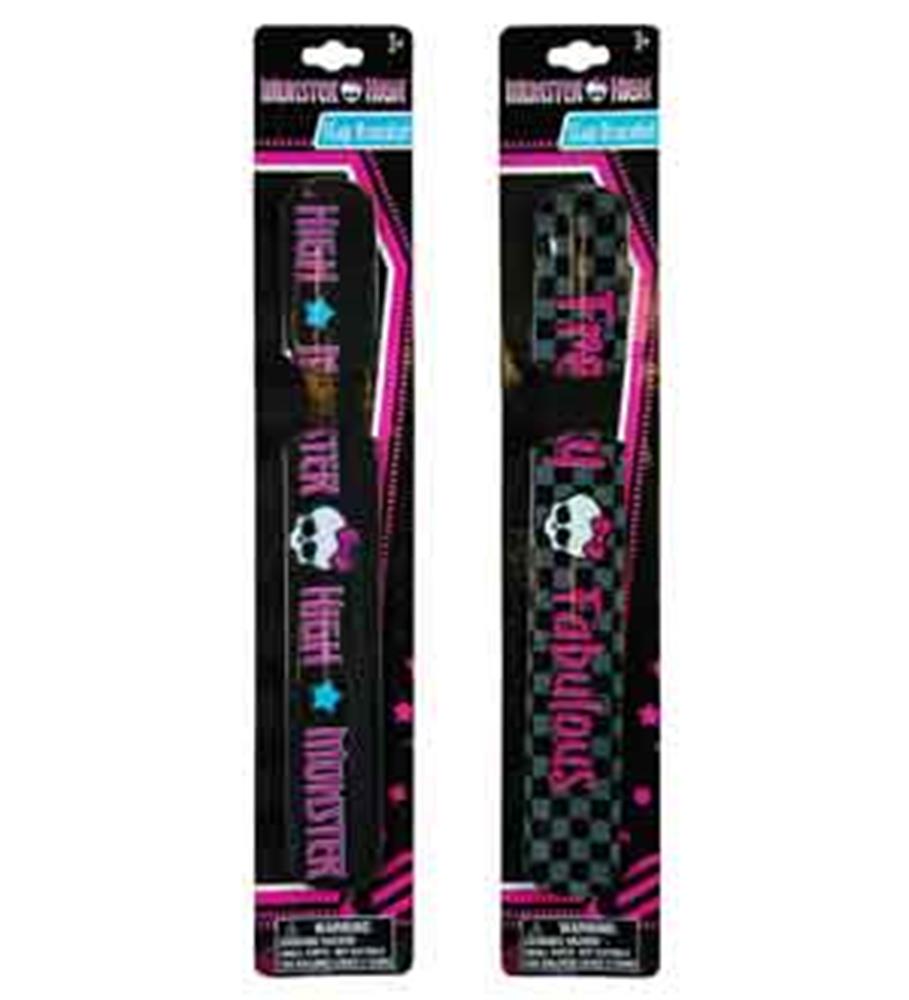 Two Monster High slap bracelets featuring black backgrounds with pink and blue text, skull and heart graphics, and checkered