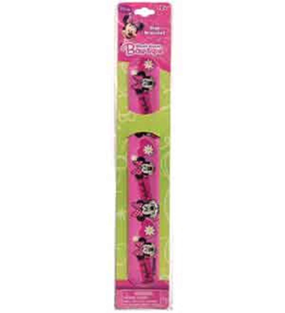 Pink slap bracelet featuring Minnie Mouse graphics and stars on a flexible band in cardboard packaging.