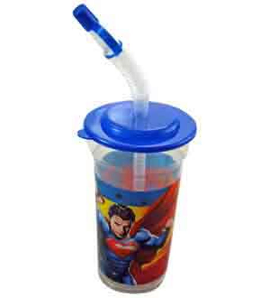 14oz clear plastic sports tumbler with blue lid, flexible straw, and colorful Superman graphic.