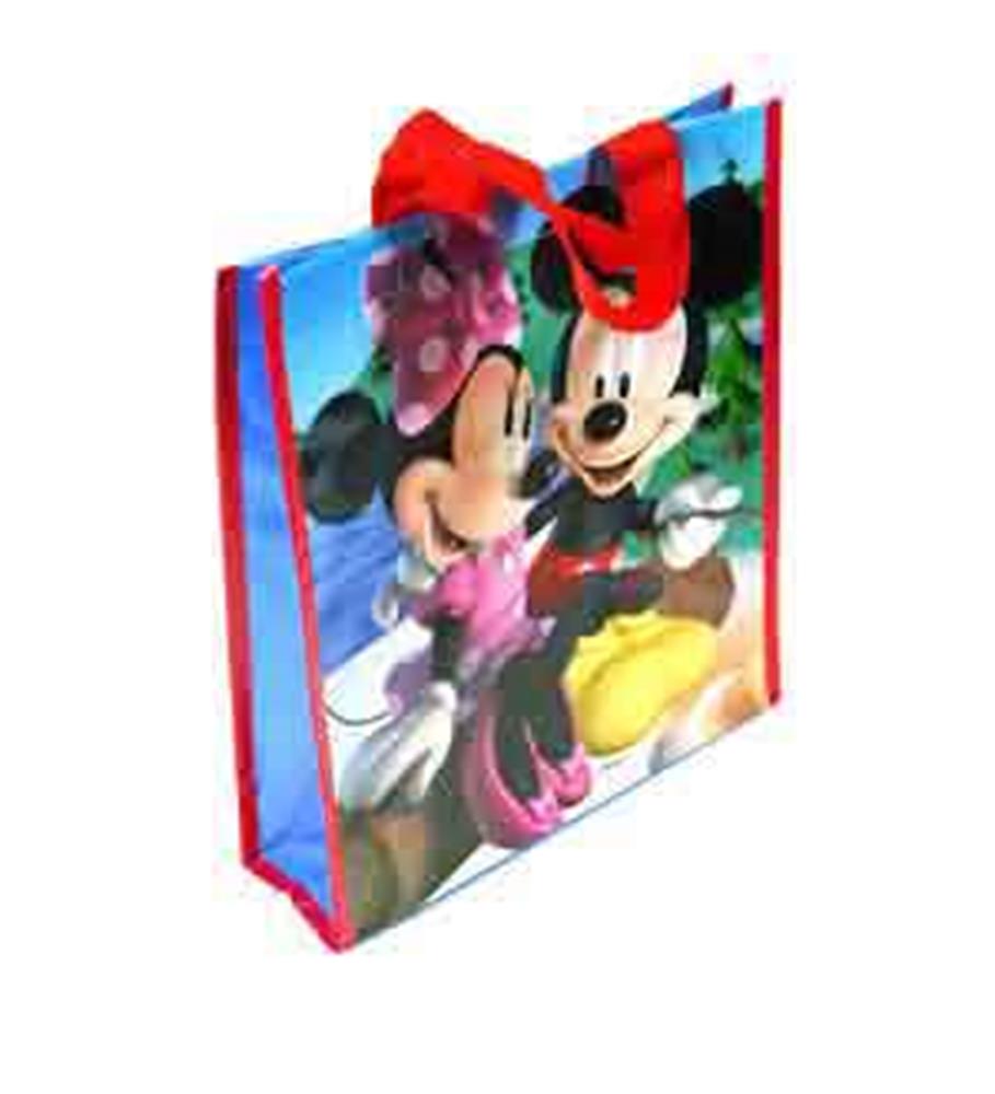 Colorful woven tote bag with Mickey and Minnie Mouse print, red handles, and blue sides.
