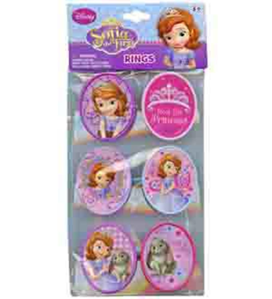 Set of six Sofia the First cupcake topper rings featuring colorful round plastic tops with princess and animal designs in.