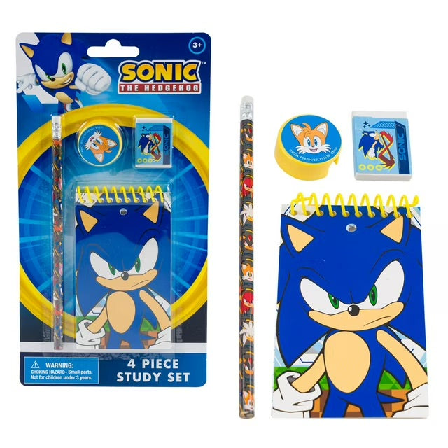 Sonic the Hedgehog 4-piece study kit with spiral notebook, patterned pencil, eraser, and notepad in blue packaging.