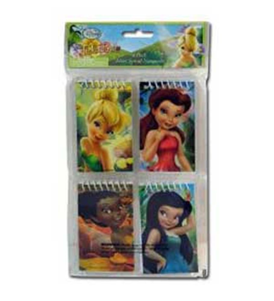 Set of four mini spiral notebooks featuring colorful fairy character covers in green, red, brown, and blue tones.