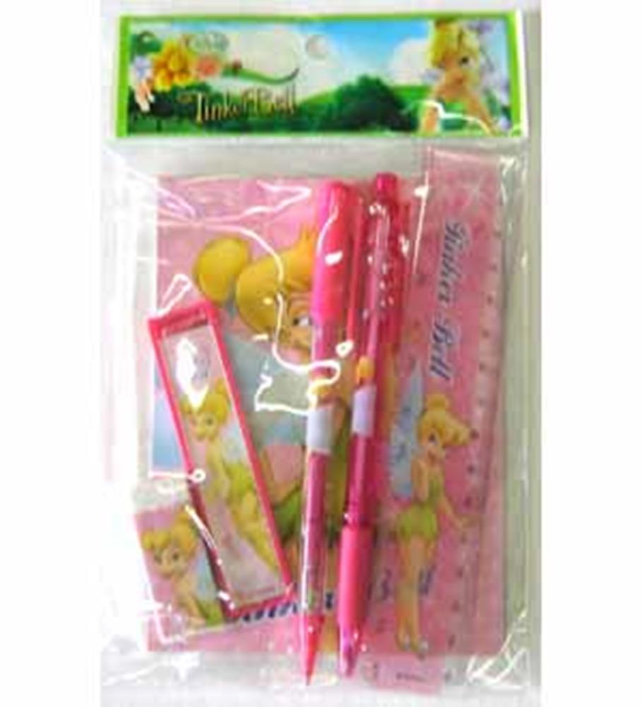 Pink Tinkerbell-themed stationery set with pens, ruler, pencil, sharpener, and eraser in clear packaging.