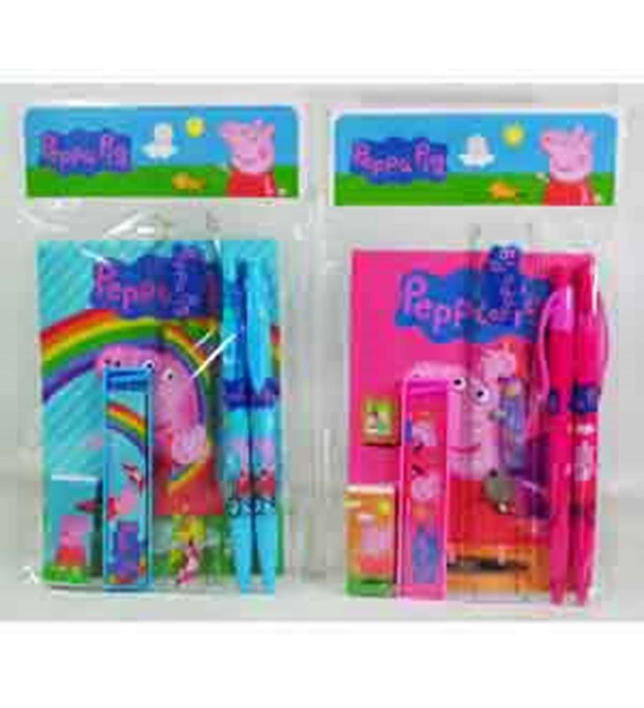 Two Peppa Pig stationery sets with colorful pencils, erasers, sharpeners, and notebooks featuring Peppa Pig designs.
