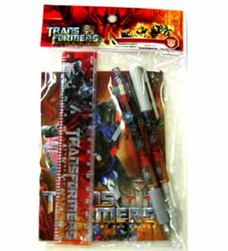 Transformers-themed stationery set with colorful ruler and two pens featuring robot graphics in red and black tones.
