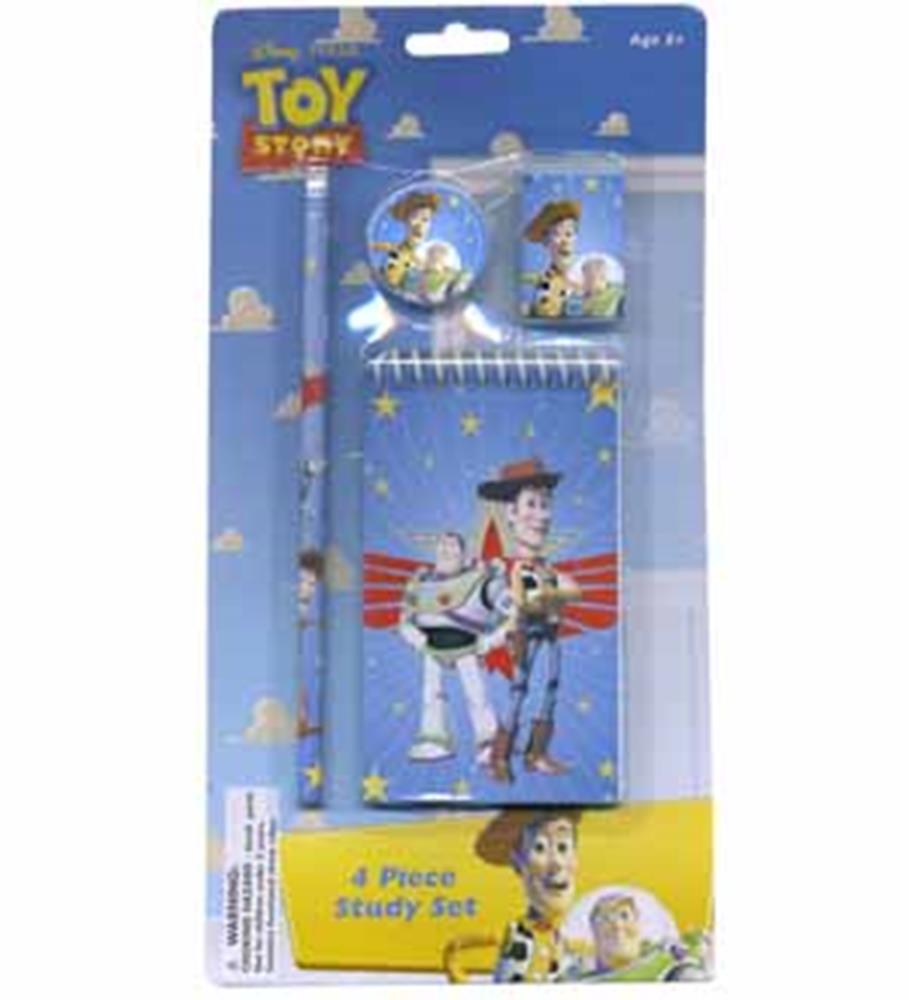 Toy Story study set with Woody-themed pencil, eraser, sharpener, and notebook in blue packaging.