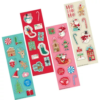 Four sheets of colorful Christmas-themed stickers featuring Santa, gingerbread houses, candy canes, presents, snowmen, and.