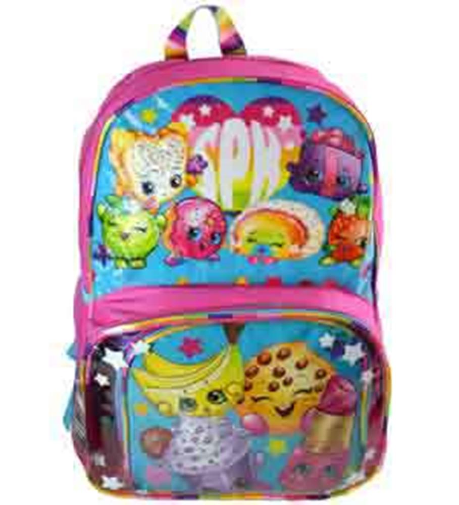Colorful kids backpack with pink trim, featuring vibrant Shopkins characters and star patterns on front pockets.