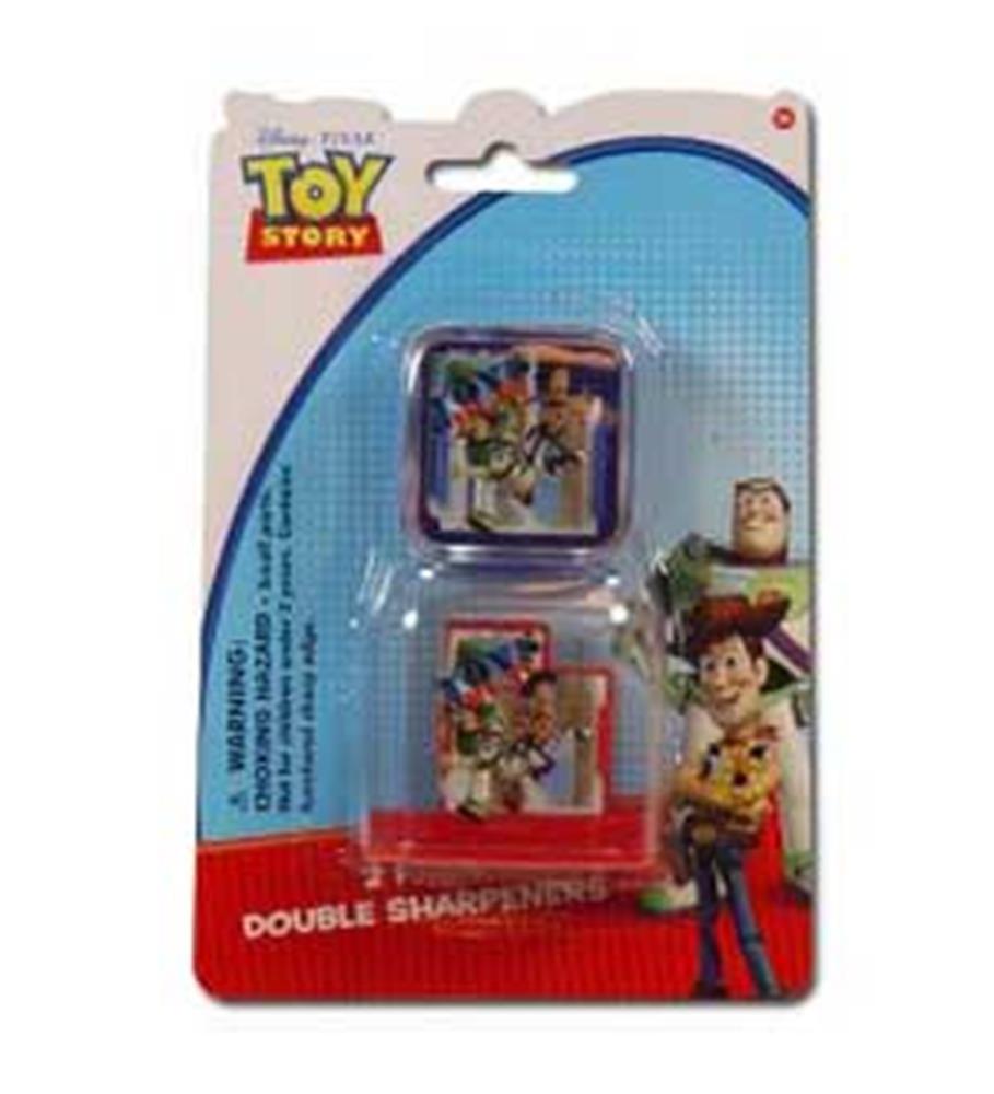 Two square plastic pencil sharpeners with Toy Story character designs, packaged on a card with Woody and Buzz Lightyear.