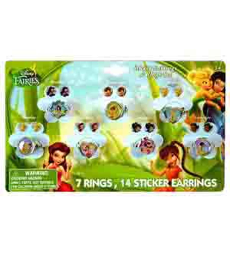 Set of 7 colorful Tinkerbell-themed rings with 14 matching sticker earrings on a green fairy background.