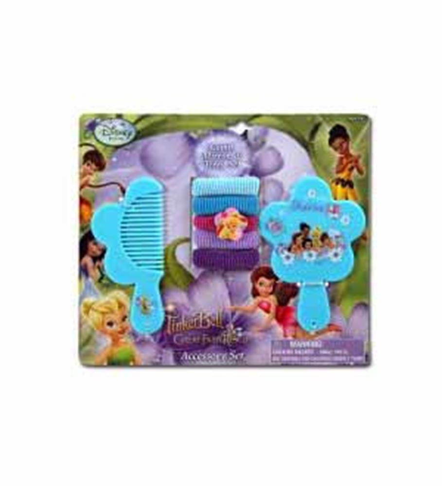 Tinkerbell-themed hair set with light blue comb, flower-shaped mirror, and purple hair ponies in colorful packaging.