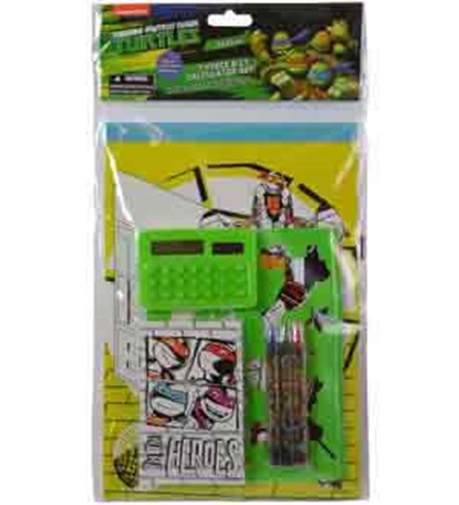 Green calculator and Teenage Mutant Ninja Turtles notepad with matching pens set in colorful packaging.