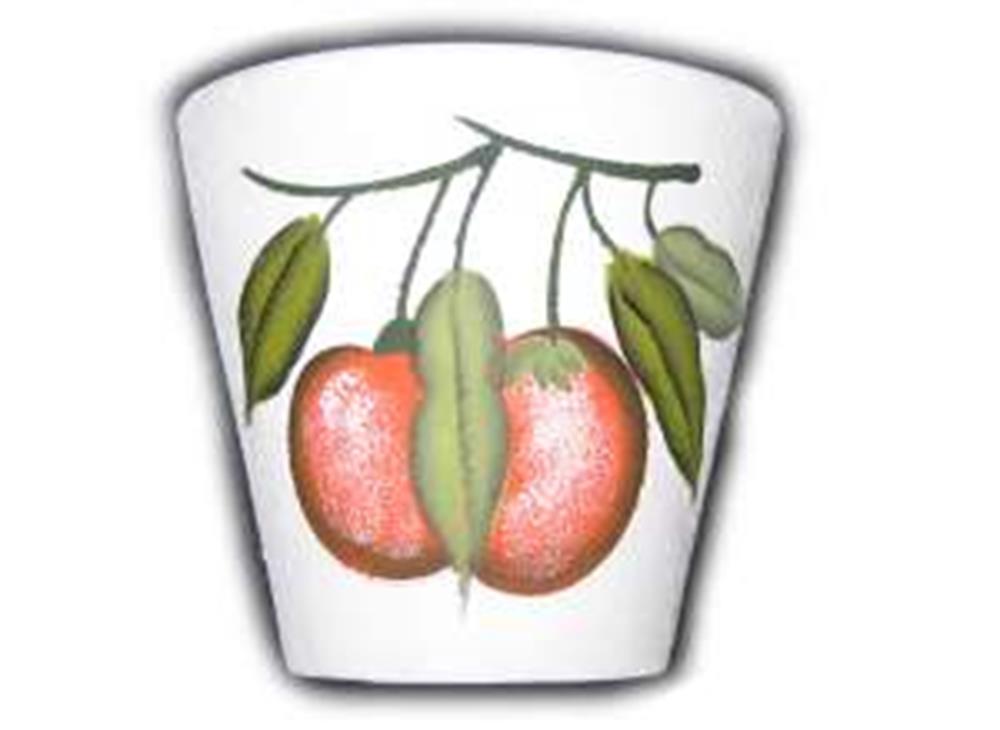 White ceramic planter with hand-painted red apples and green leaves design.