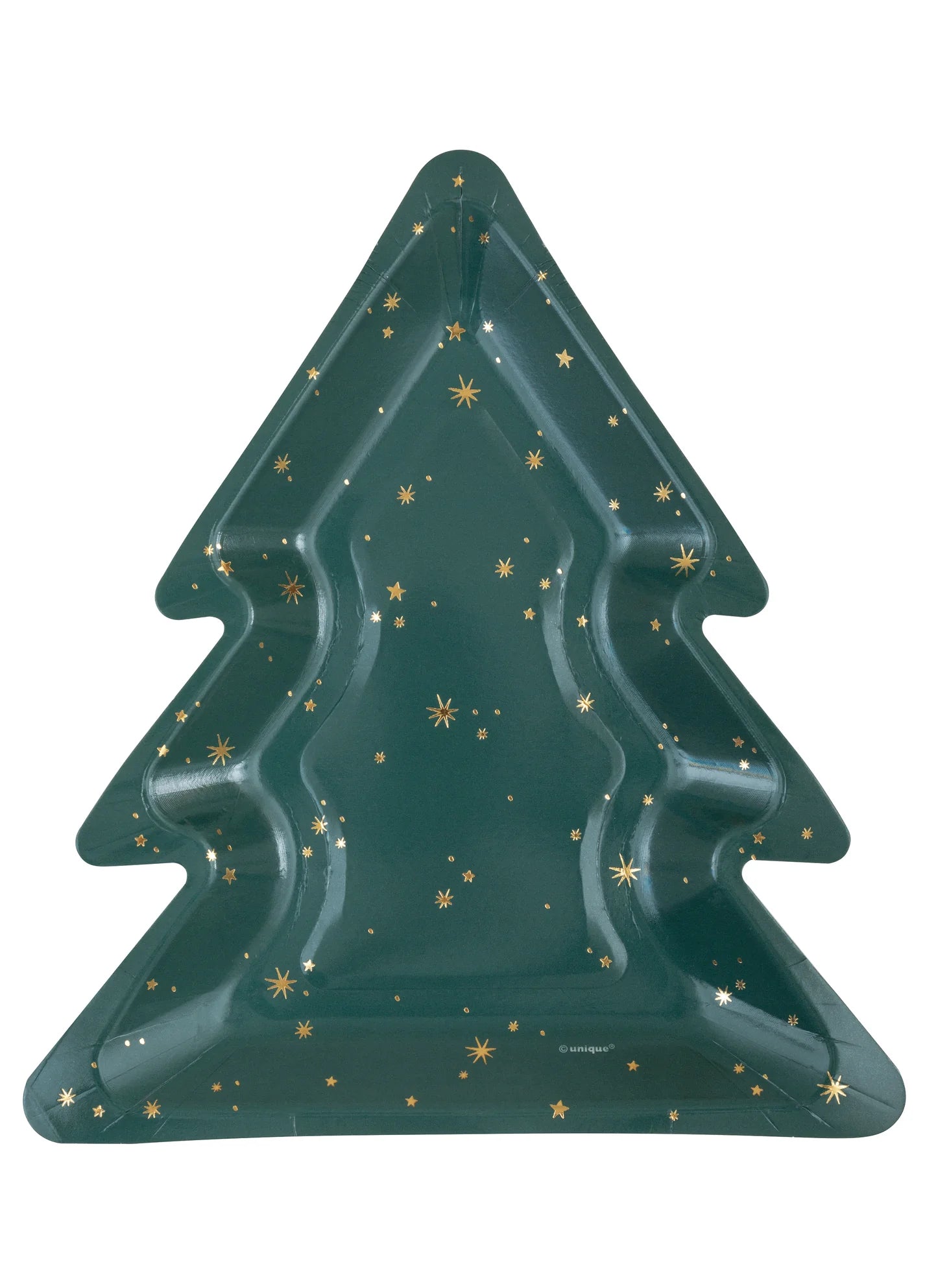 Dark green Christmas tree-shaped plate with gold star and dot accents, plastic material, 8.25 inches.