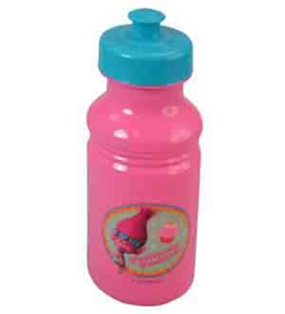 Bright pink plastic water bottle with teal flip-top lid and colorful Trolls character graphic on front.