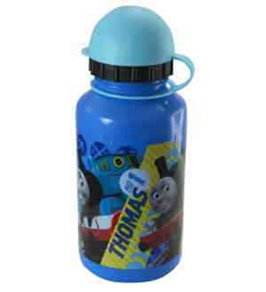 Blue metal water bottle with Thomas the Train graphics and light blue screw-on cap.