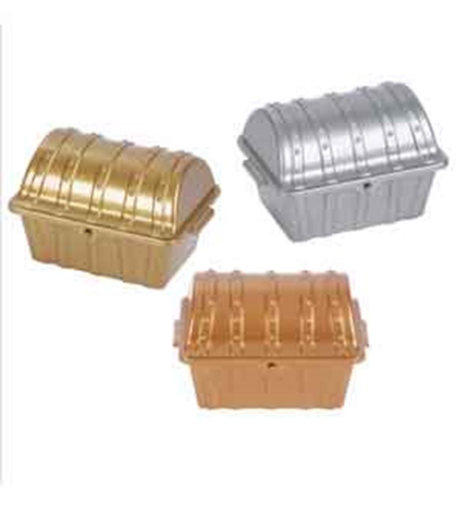 Three small 4.5-inch treasure chest boxes in metallic gold, silver, and bronze with curved lids and ribbed detailing.