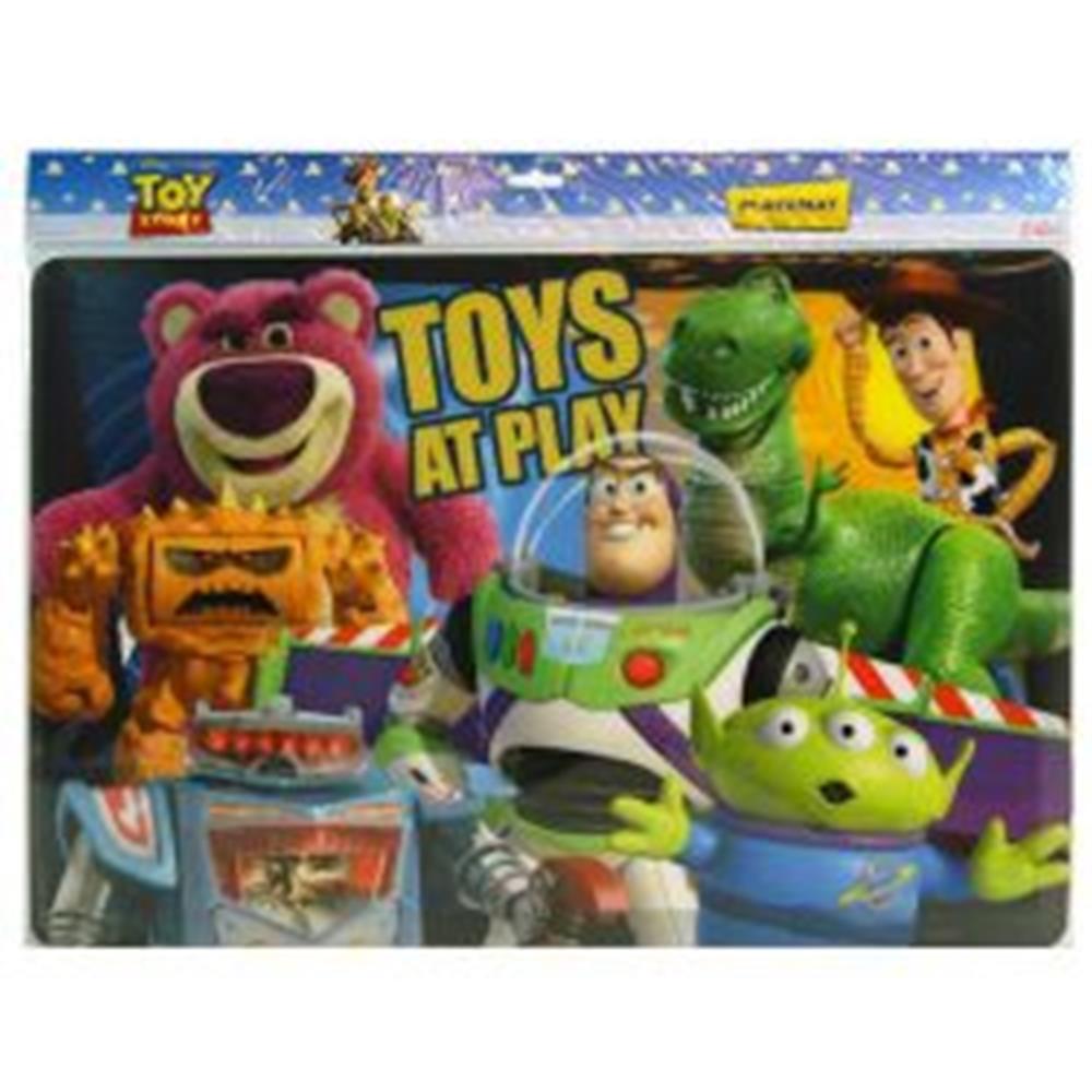 Rectangular placemat featuring Toy Story characters including Buzz Lightyear, Woody, Rex, Lotso, and Alien on a dark blue.