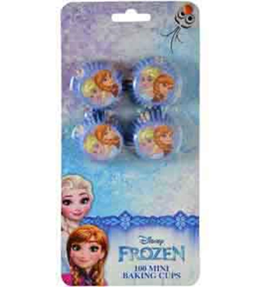Set of colorful mini cupcake liners featuring Disney Frozen characters Anna and Olaf on a snowy blue background.