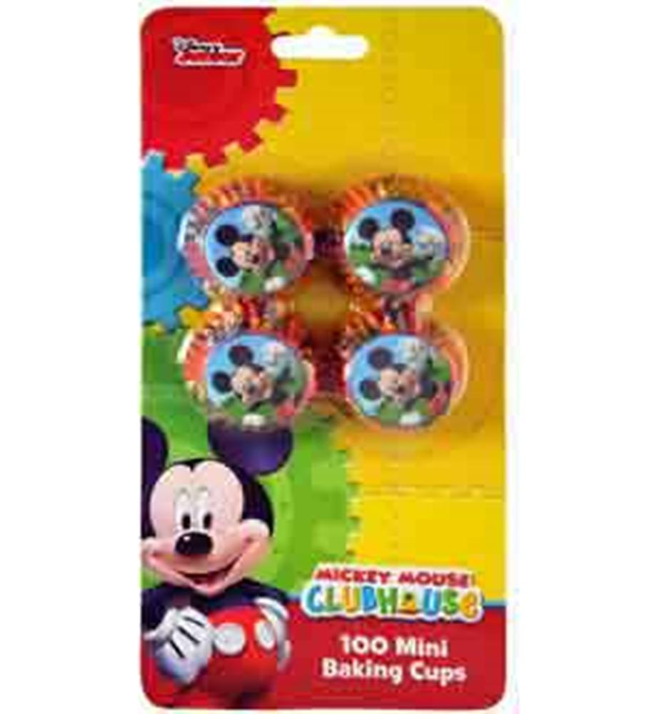 Colorful mini cupcake liners featuring Mickey Mouse faces, packaged in sets of 100 for kids’ parties.