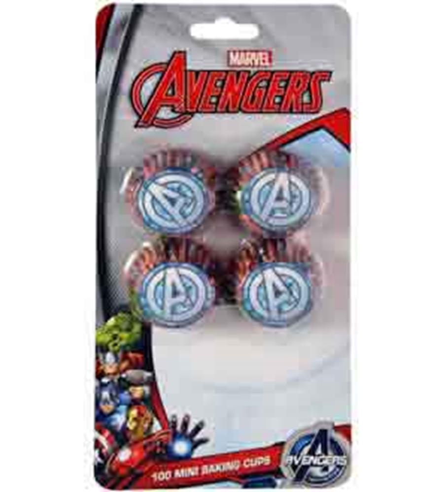 Marvel Avengers cupcake liners with blue and silver Avengers "A" logo, pack of 100.