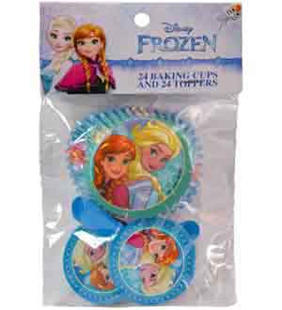 48-pack Disney Frozen cupcake liners and toppers featuring Elsa, Anna, and Olaf in blue-themed designs.