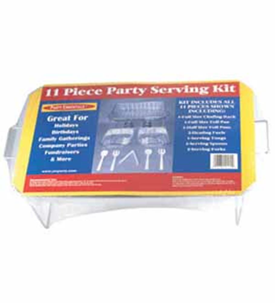 11-piece party serving kit with white plastic tray, clear utensils, and yellow packaging sleeve.