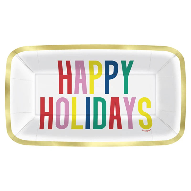 Rectangular white appetizer plate with gold rim and colorful "Happy Holidays" text in red, pink, yellow, green, and blue.