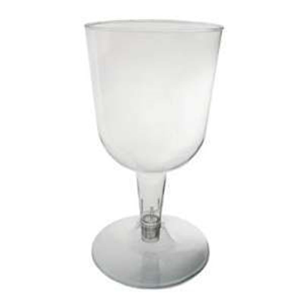 Clear 5oz plastic wine glass with smooth rim, slender stem, and round base.