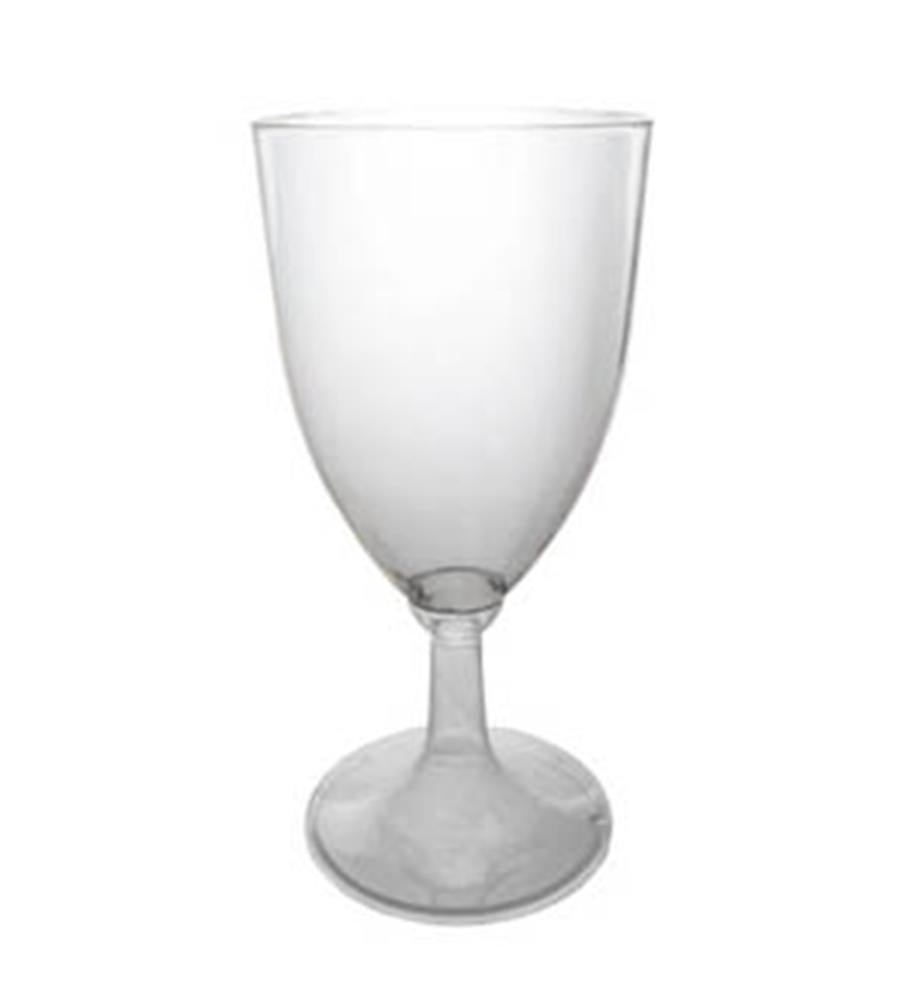 Set of eight clear plastic wine glasses with 8oz capacity, classic stemmed design.