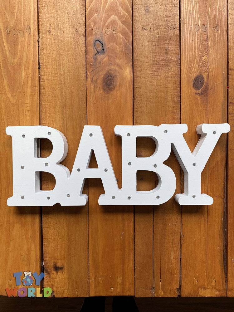 White wooden sign spelling "BABY" with small round LED lights on each letter, 5.7 inches wide.