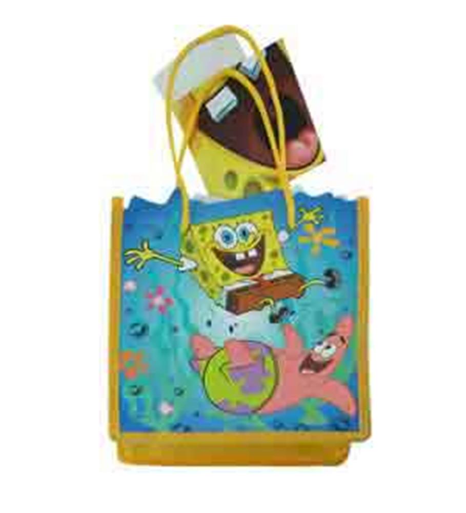 Blue mini tote bag featuring SpongeBob SquarePants and Patrick Star with yellow handles and trim.