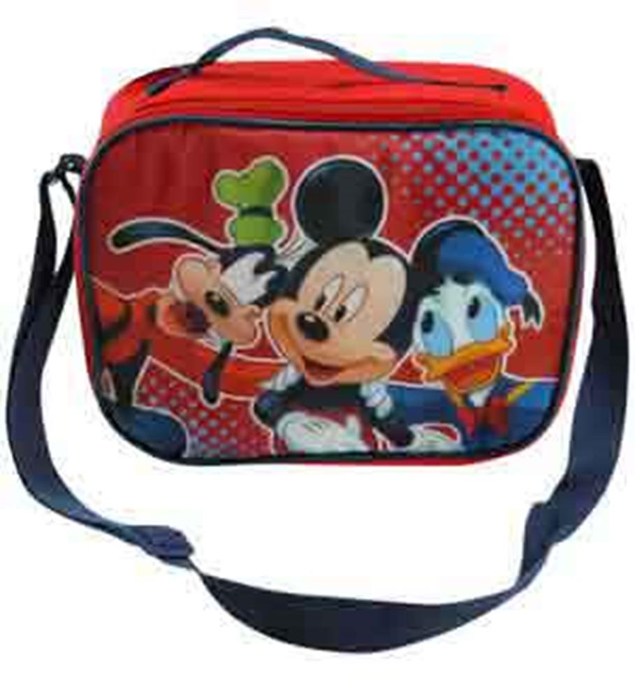 Red rectangular lunch bag with Mickey Mouse, Pluto, and Donald Duck on front, navy blue adjustable shoulder strap.