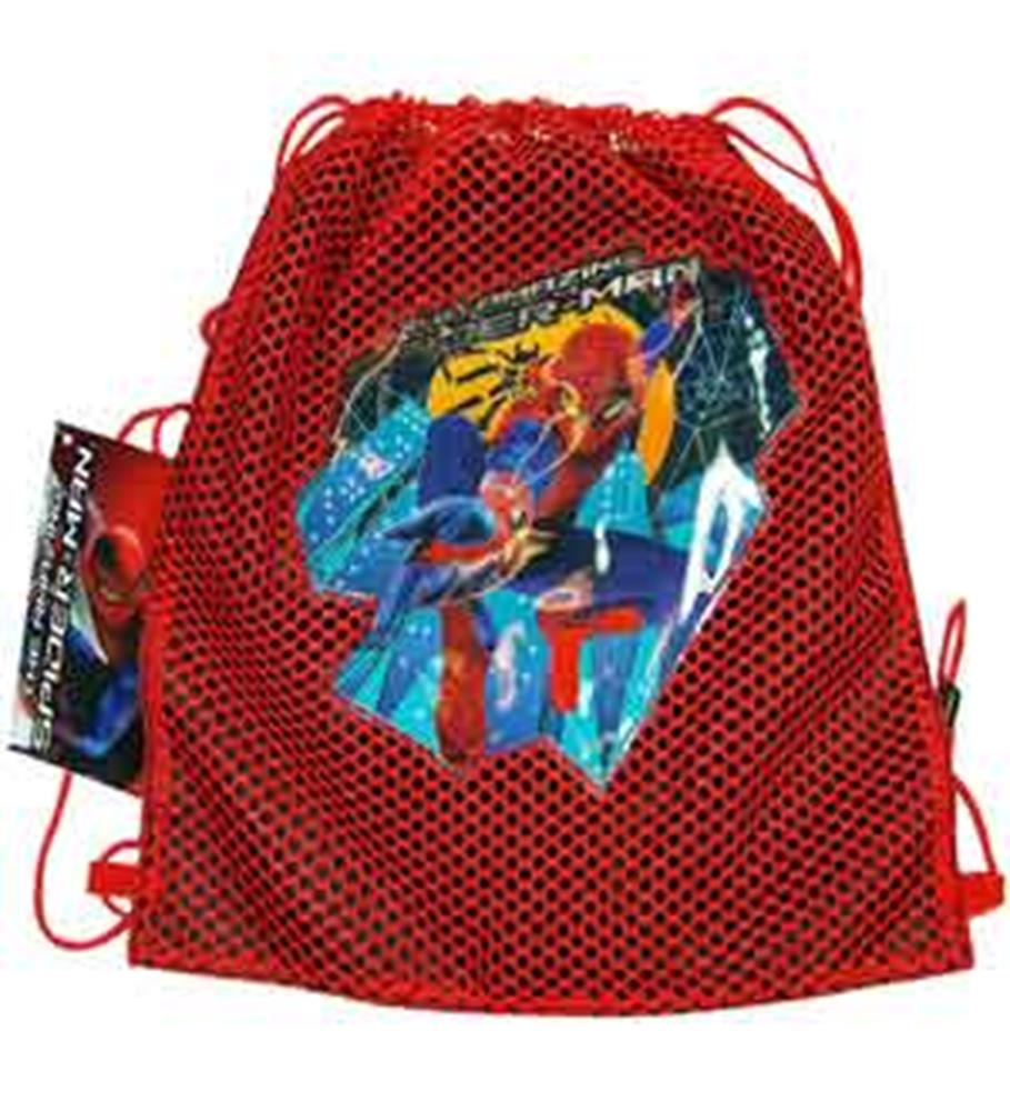 Red mesh drawstring sling bag with a colorful Spiderman graphic on front.