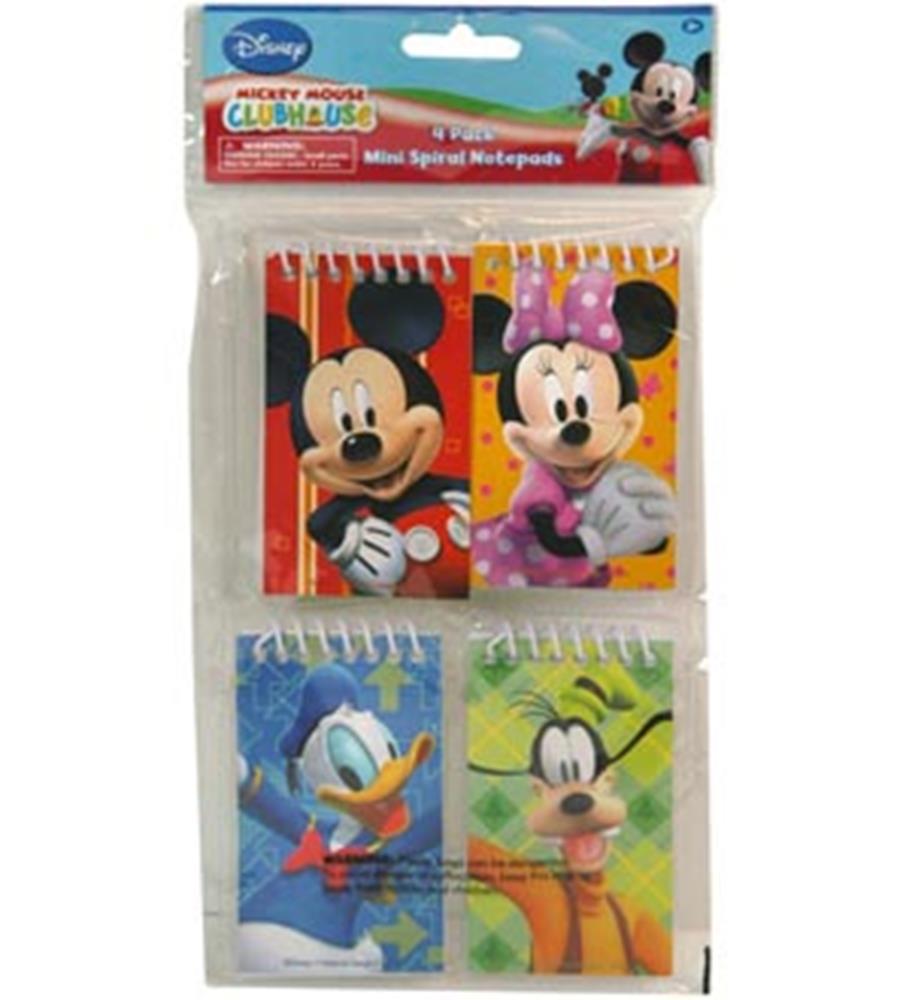Set of four mini spiral notepads featuring Mickey Mouse, Minnie Mouse, Donald Duck, and Goofy with colorful, playful.