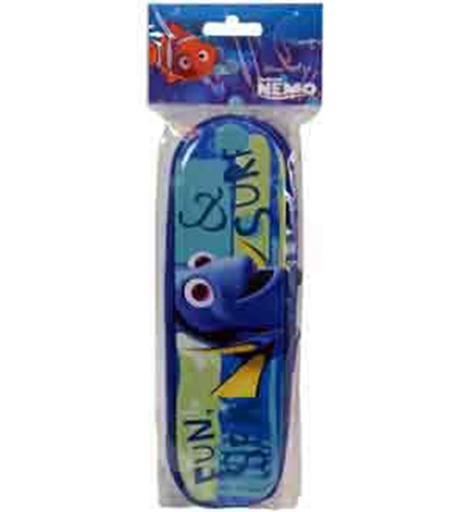 Blue and yellow rectangular pencil case with 3D Finding Dory fish and ocean-themed graphics.