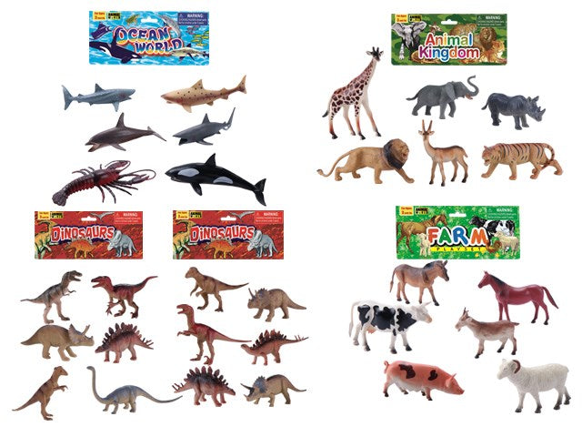 Colorful plastic animal play set featuring sea creatures, dinosaurs, farm animals, and wild animals in various realistic.
