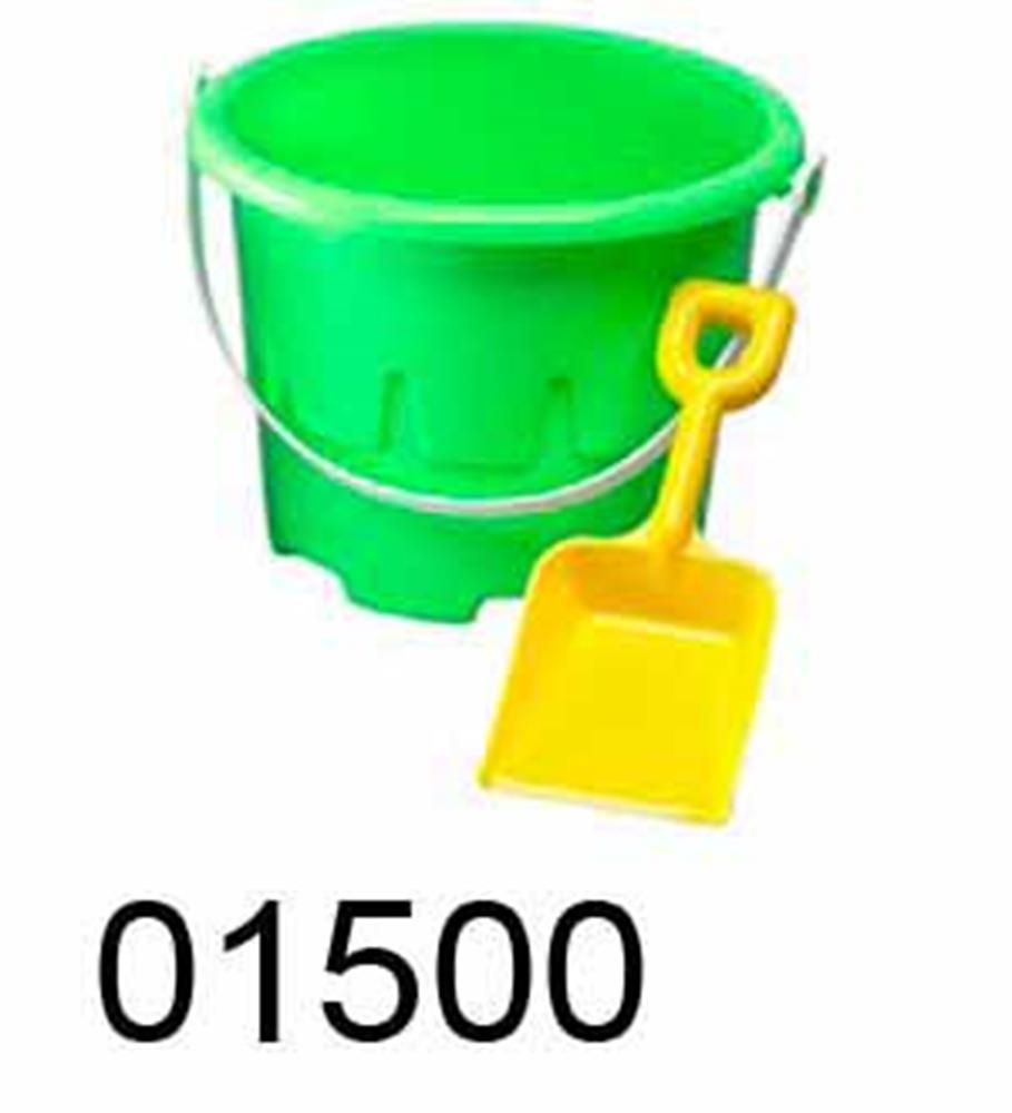 Green plastic sand pail with scalloped edges and white handle, yellow plastic shovel with D-shaped handle.