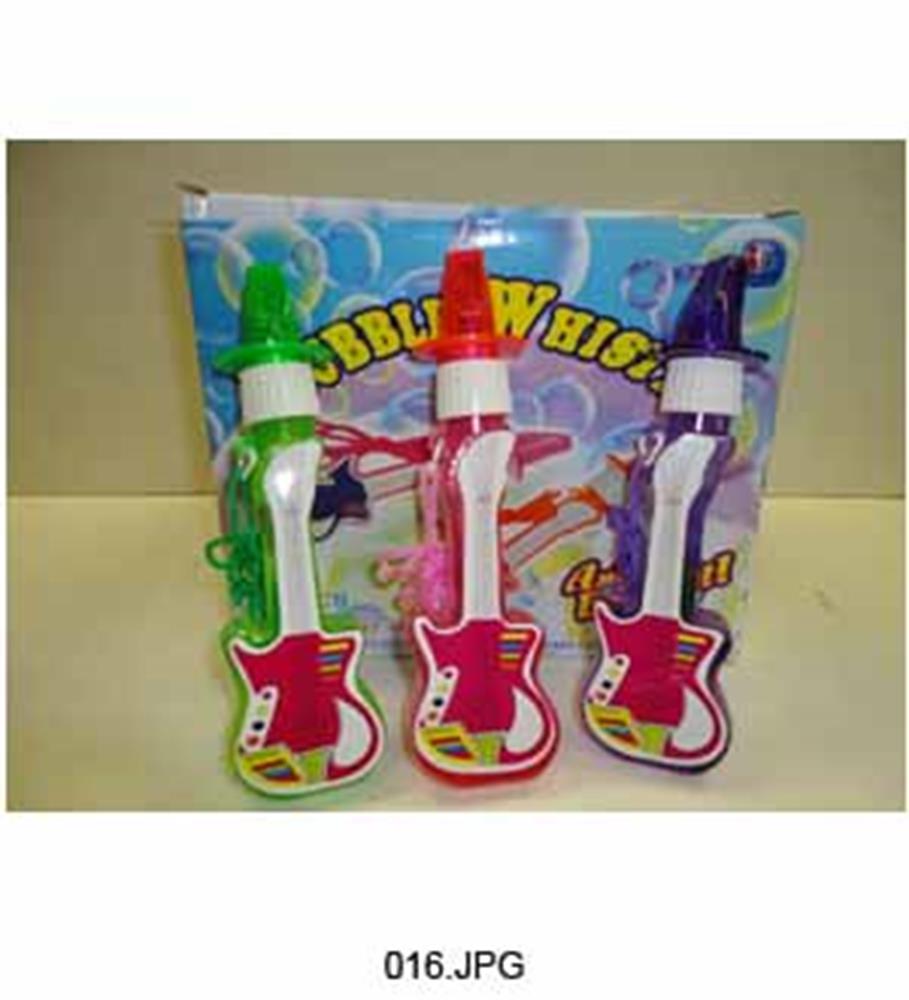 Three colorful bubble guns shaped like electric guitars in green, pink, and purple with matching bubble solution bottles.