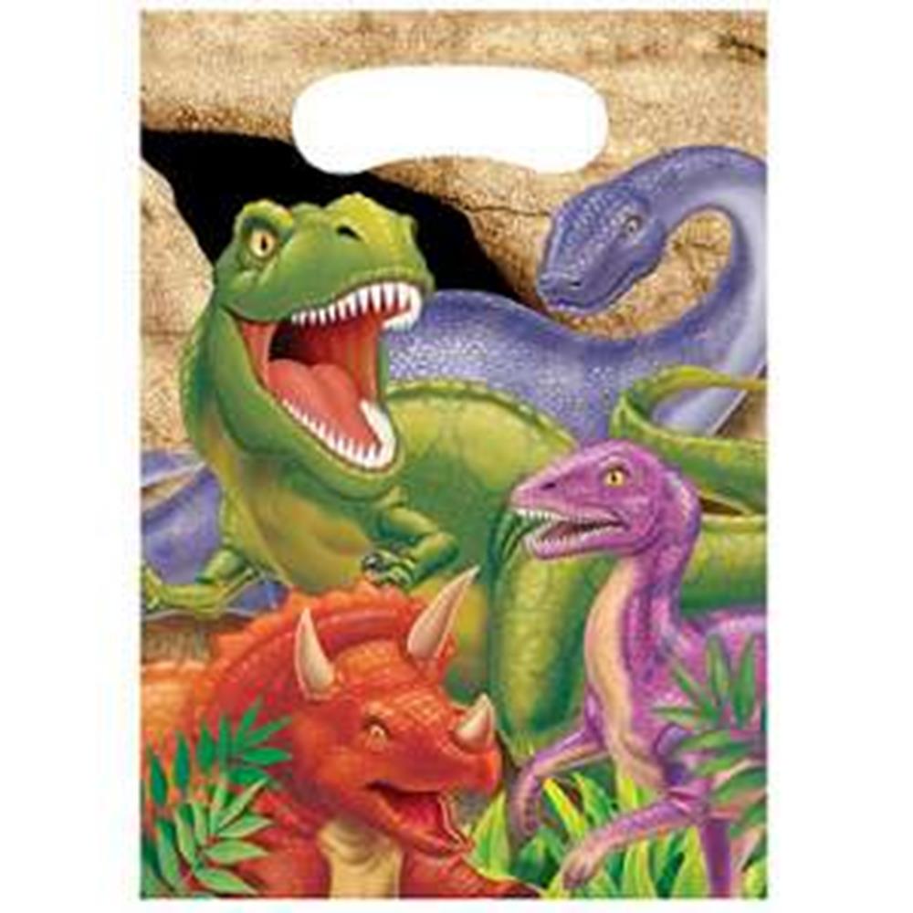 Colorful party loot bag with cartoon dinosaurs including green T-Rex, purple raptor, and red triceratops on rocky background.