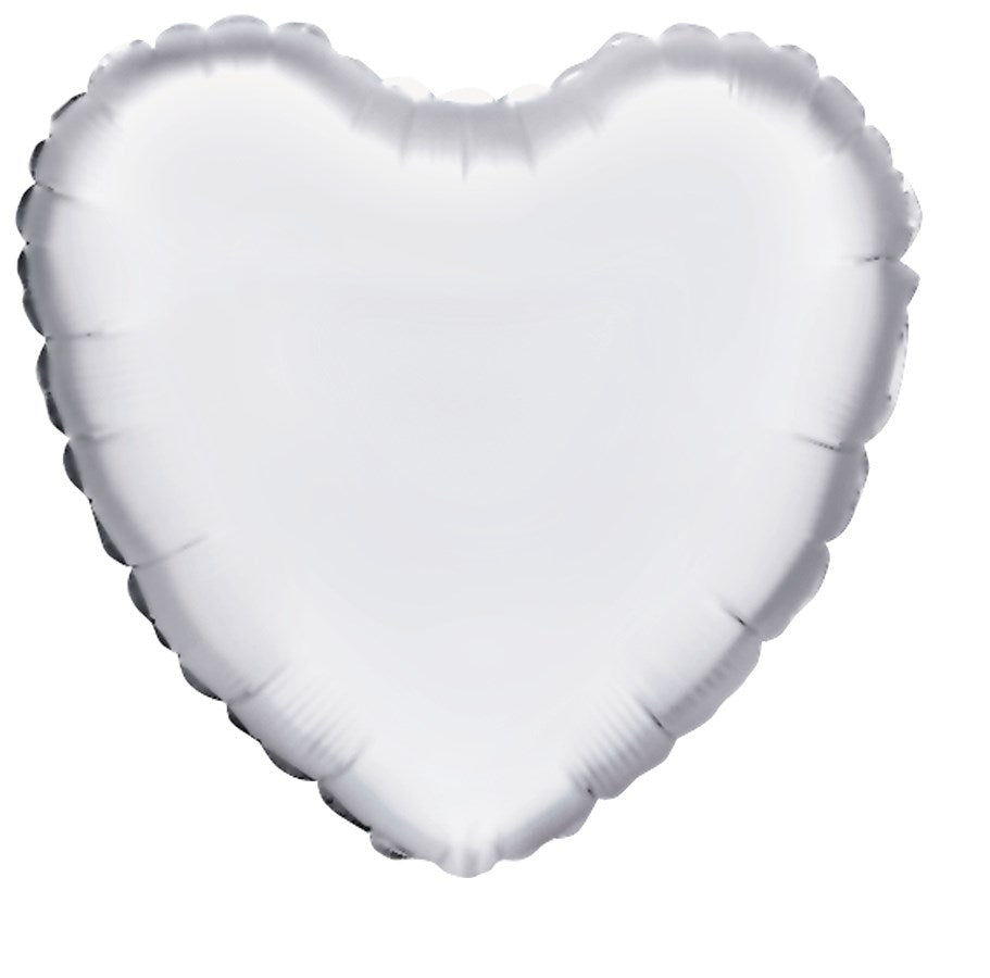 White heart-shaped foil balloon with a smooth metallic finish, 18 inches wide.