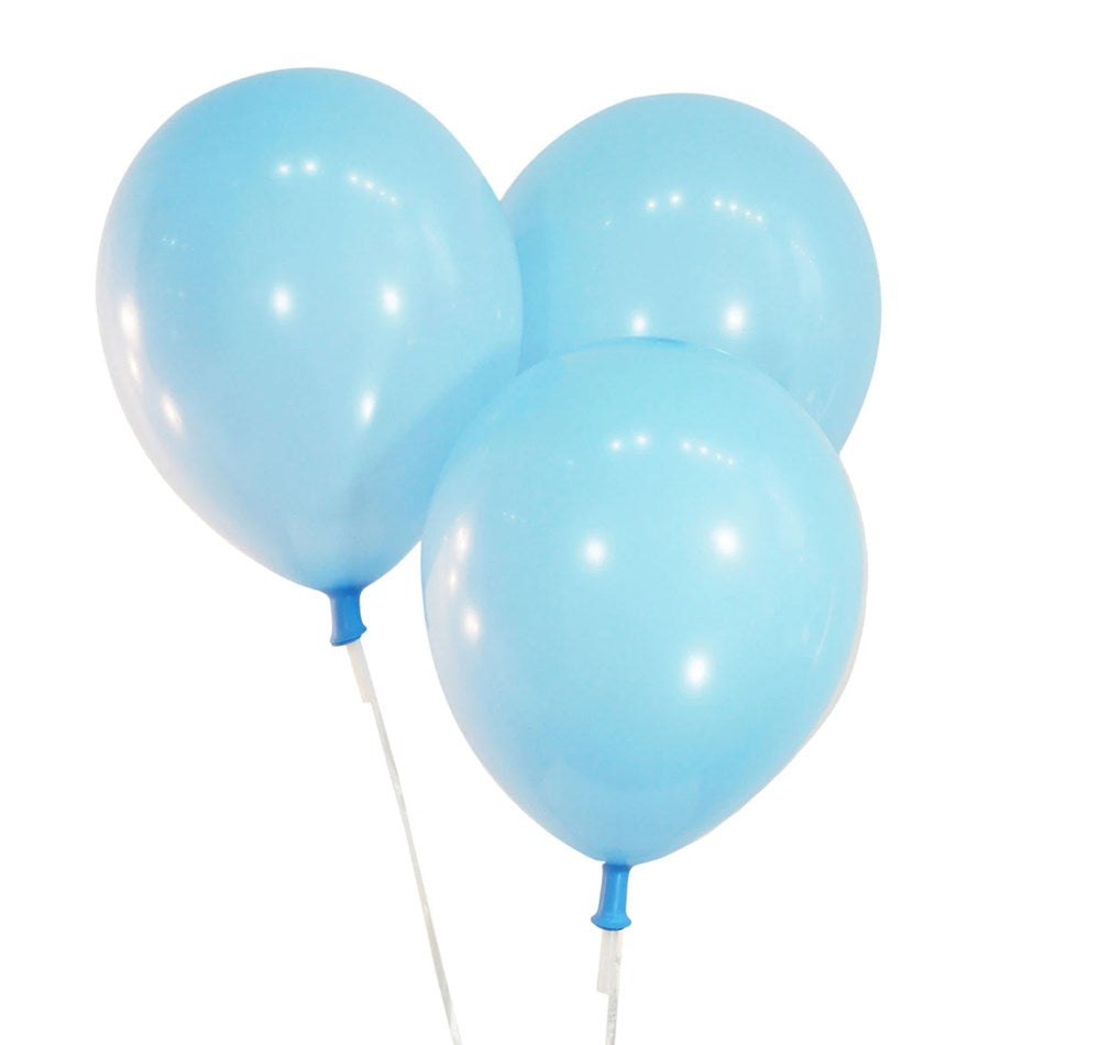 Set of three pastel baby blue round latex balloons, 12 inches each, inflated and floating.