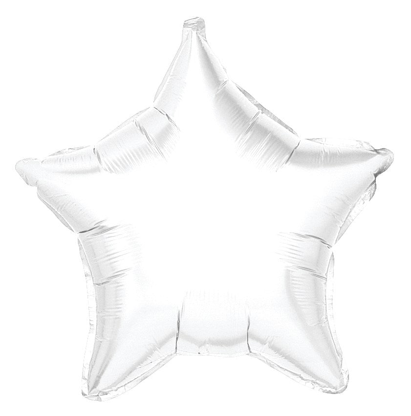 White, shiny star-shaped foil balloon inflated and smooth, 19 inches in size.