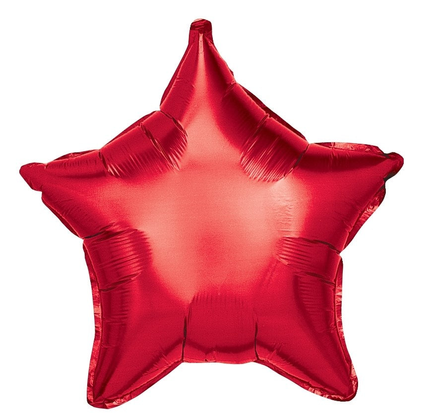 Red star-shaped 19-inch shiny metallic balloon with five points and smooth surface.